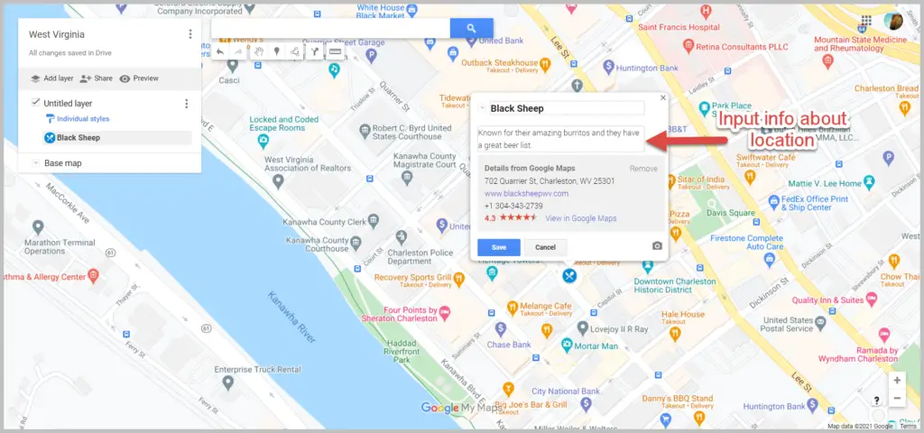 Google My Map image changing the location description