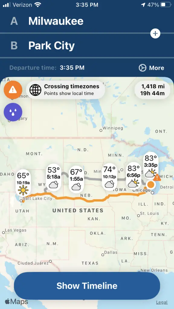 Screen shot of Weather on the Way App showing the weather forecast for a road trip from Milwaukee to Utah