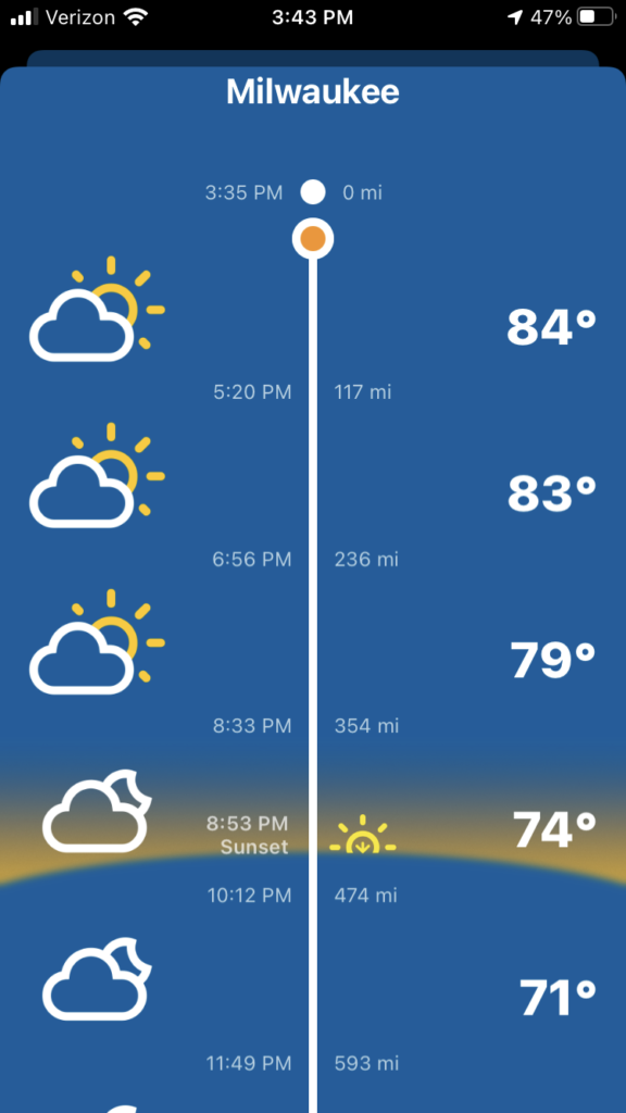 Screen shot of Weather on the Way app showing the weather timeline for your road trip