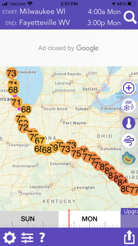 Screen shot of Drive Weather App showing the temperature along a road trip route from Milwaukee to West Virginia