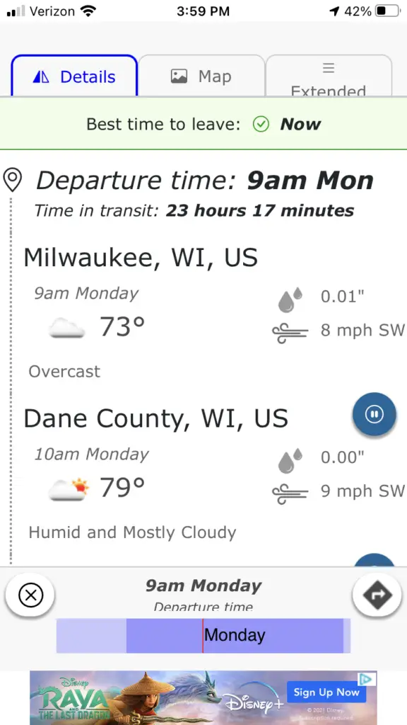 Screen shot of Highway Weather App showing weather timeline of road trip from Milwaukee, WI to Park City, UT