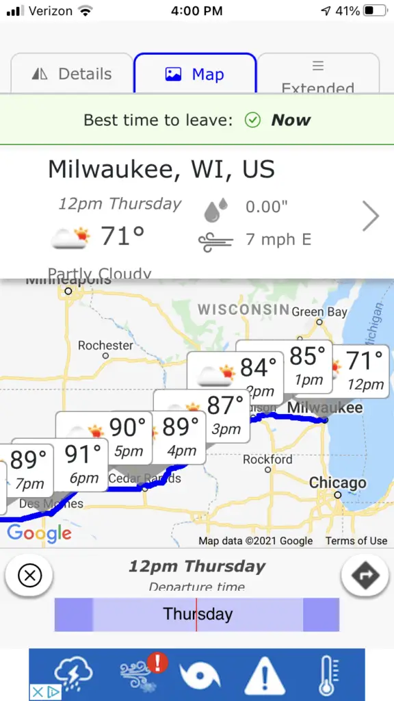 Screen shot of Highway Weather App showing weather map of road trip from Milwaukee, WI to Park City, UT