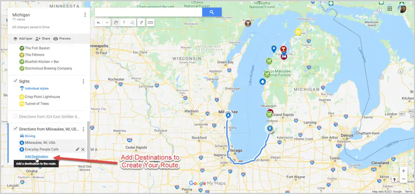 google map image of driving route for road trip