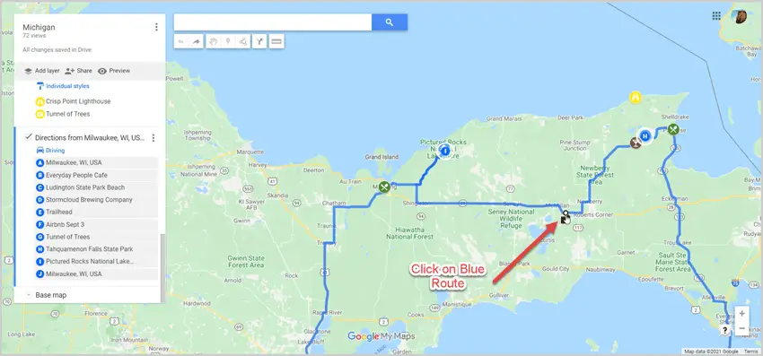 Screen shot of how to change route on google my maps