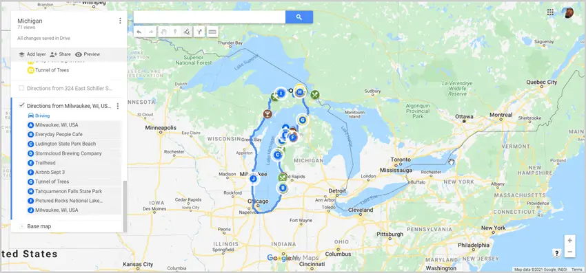 Screen Shot of Road Trip Driving Route Around Lake Michigan