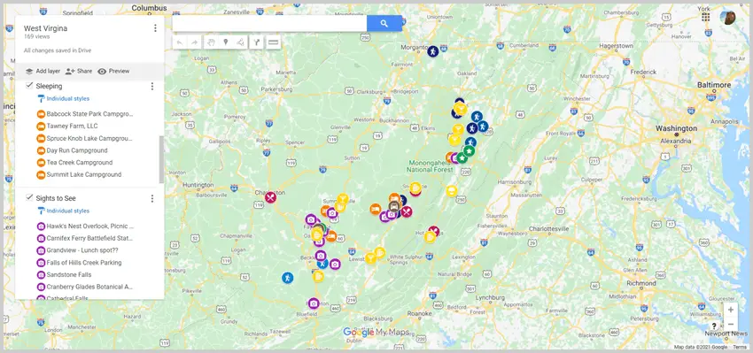 Map of locations added to West Virginia Road Trip Map