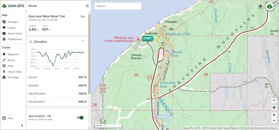 Image of hiking map of the East and West River trail in the Porcupine Mountains