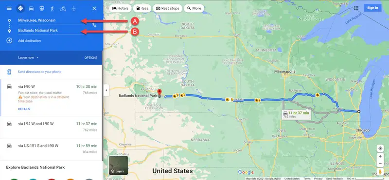 Image of google maps with two destinations on map