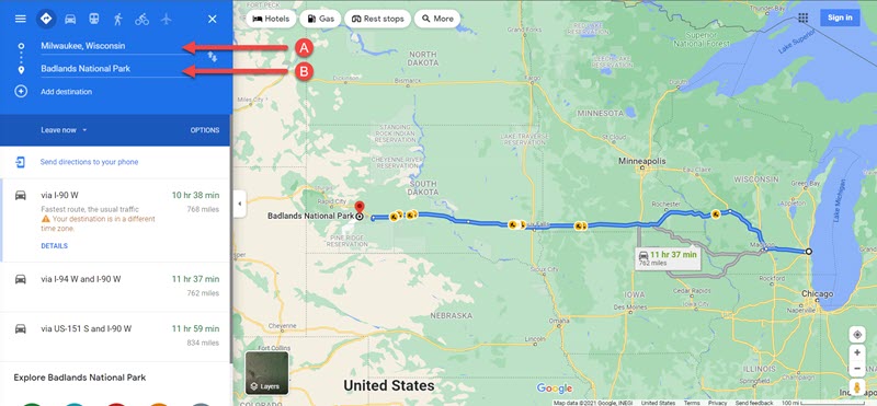 Image of google maps with two destinations on map