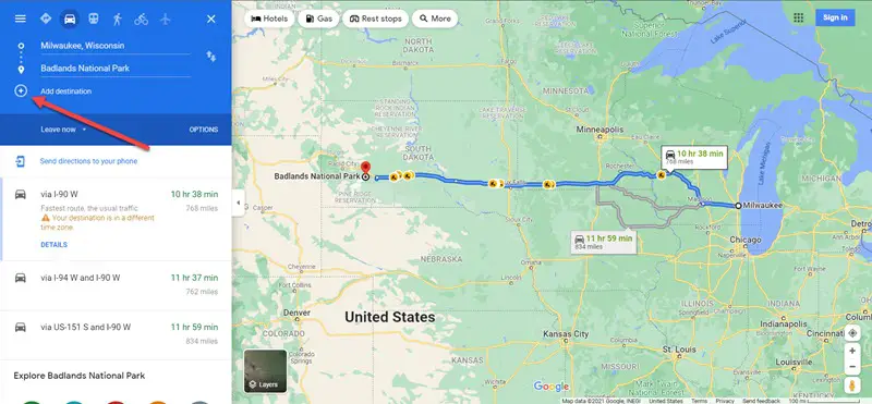 Image of google maps with instructions to add destinations. 