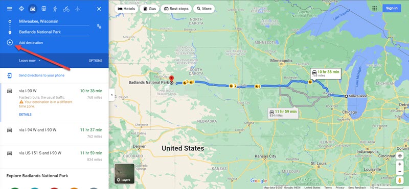 Image of google maps with instructions to add destinations. 