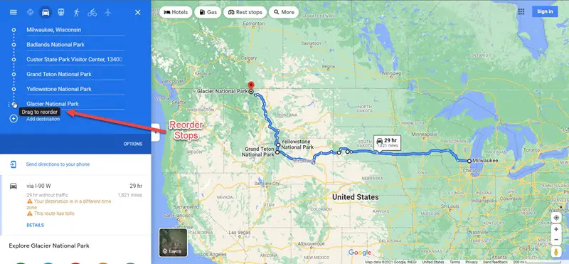 Image of Google Maps with directions to reorder road trip stops