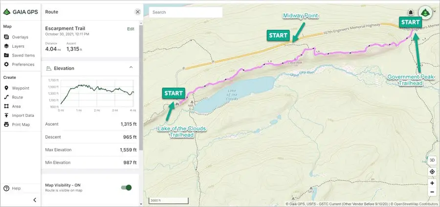 Image of trail map showing the different options for starting the Escarpment trail in the Porcupine Mountains. 