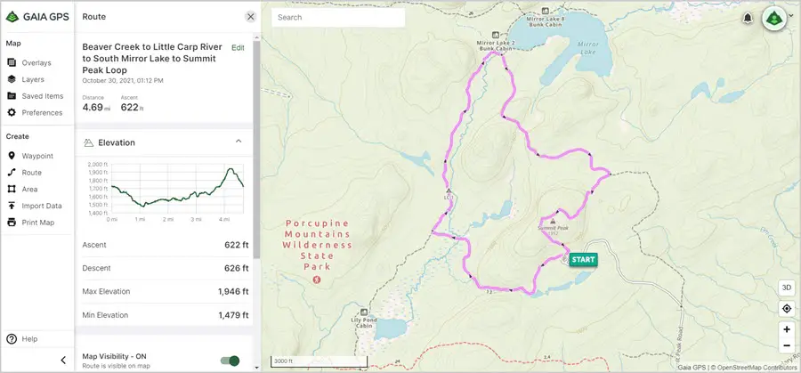 Image of a hiking map in the Summit Peak Scenic area of the Porcupine Mountains