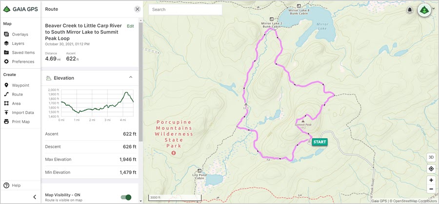 Image of a hiking map in the Summit Peak Scenic area of the Porcupine Mountains