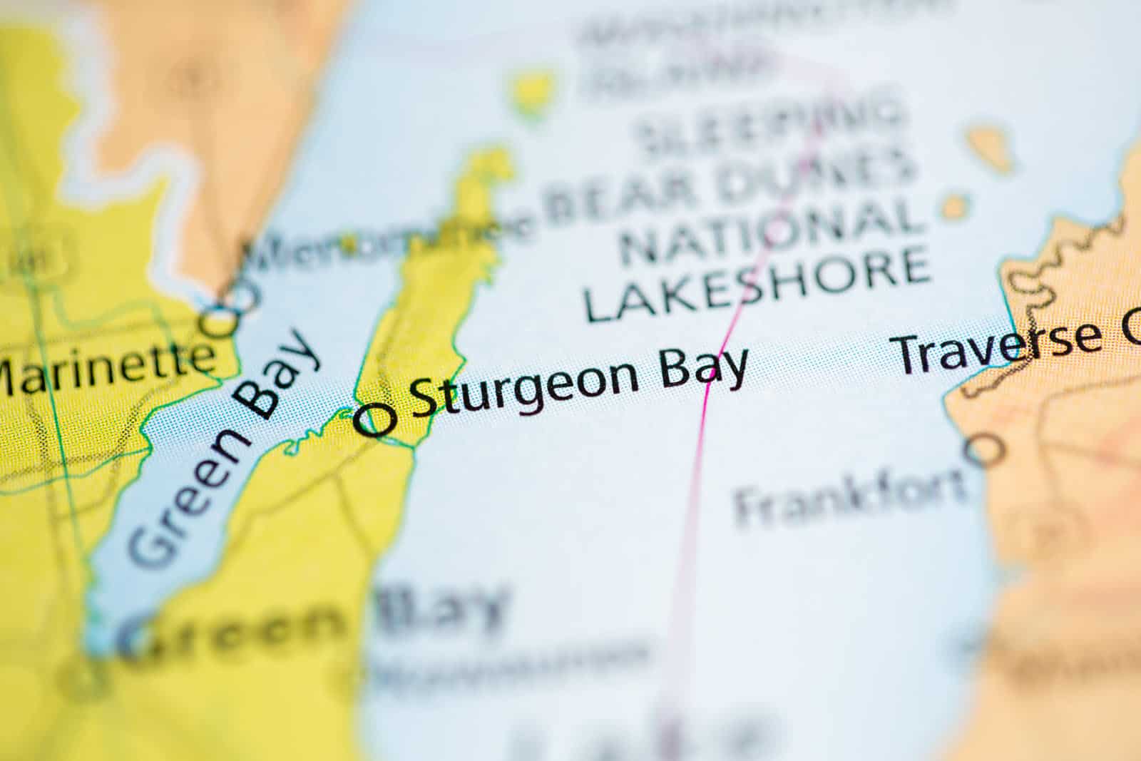 Map of the Door County Peninsula with a pin in Sturgeon Bay to show it's location
