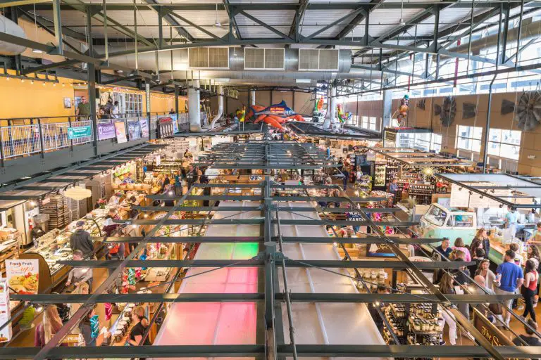 Image of vendors at Milwaukee Public Market. Image is taken from above and looks down on the vendors
