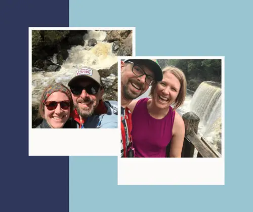 Two postcard images of Mel and Craig in front of waterfalls