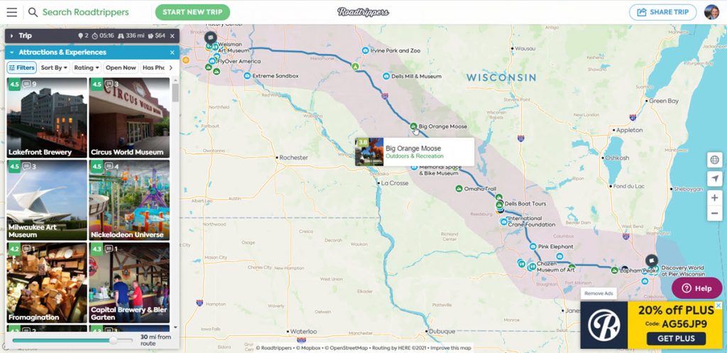 Screenshot of Roadtrippers website. Shows attractions along the route for a road trip between Milwaukee, WI and Minneapolis, MN.