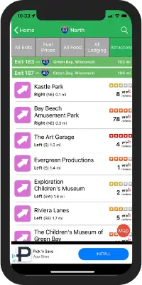 Screenshot of iExit app on phone. App is showing attractions off of Exit 187 on I-43 North