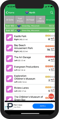 Screenshot of iExit app on phone. App is showing attractions off of Exit 187 on I-43 North