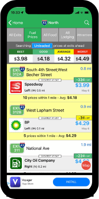 Screenshot of iExit app showing fuel prices in area