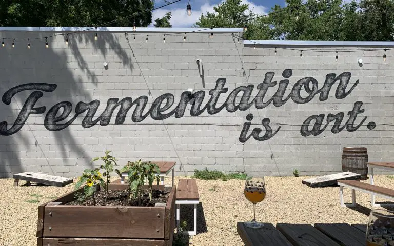 Image of cement wall in a beer garden with the words "Fermentation is Art" written on the side