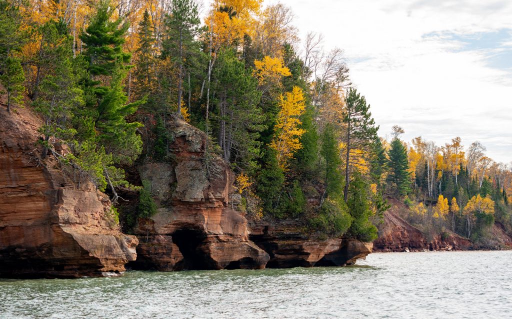 View of sea caves in the Apostle Islands in Bayfield WI.
