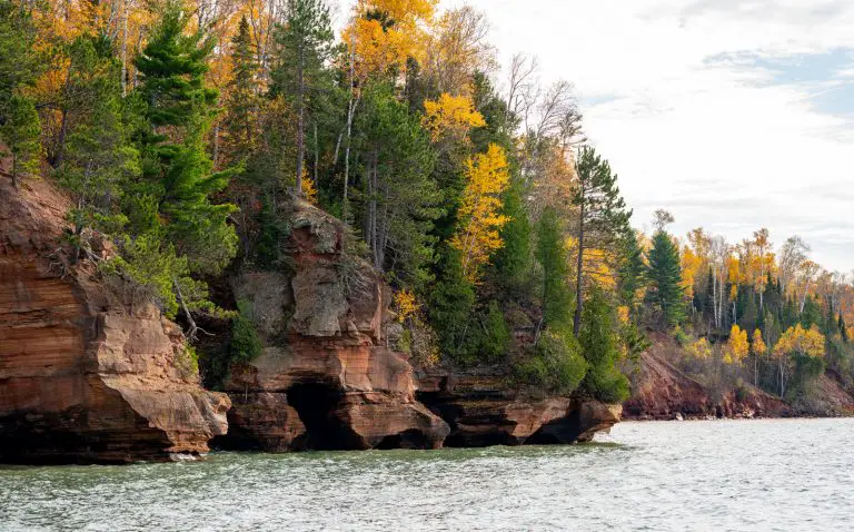 View of sea caves in the Apostle Islands in Bayfield WI.