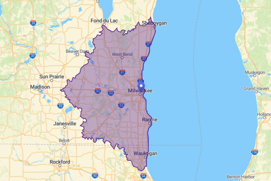 Map of Milwaukee area with driving distance of 1 hour away highlighted