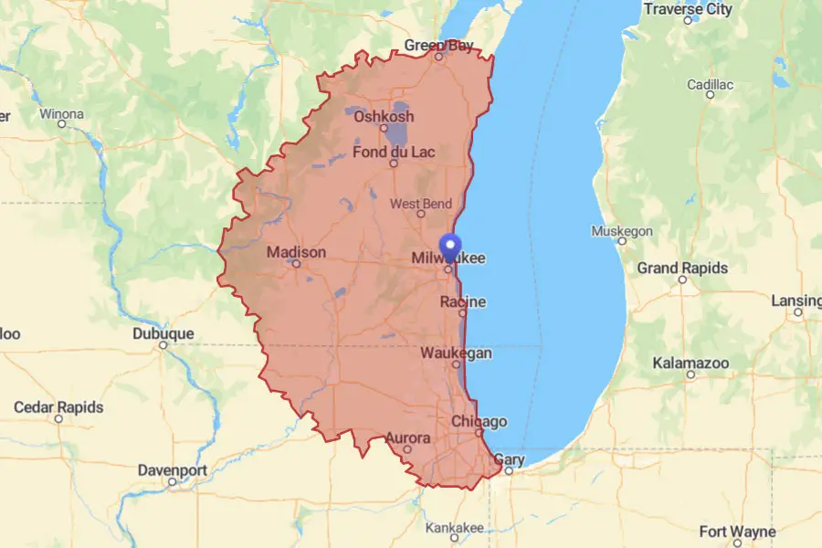 Map of Wisconsin with driving distance of 2 hours or less highlighted from Milwaukee