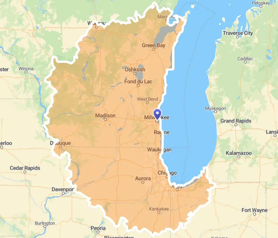 Map of Wisconsin with driving distance of 3 hours or less highlighted from Milwaukee