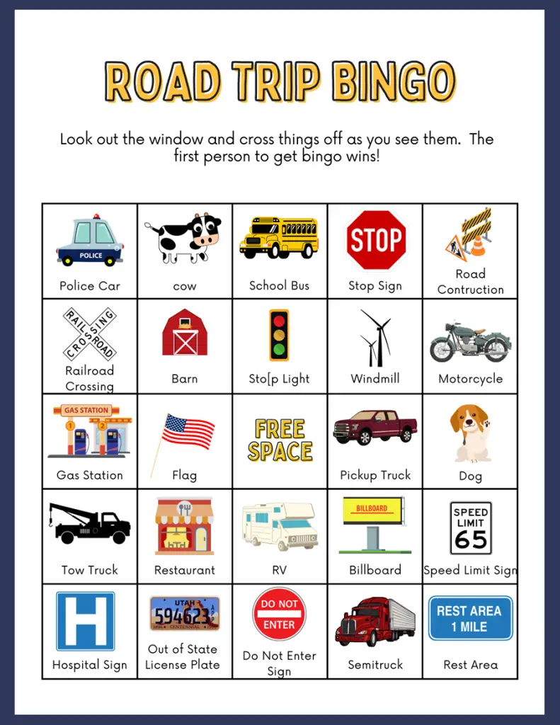 Image of road trip bingo card