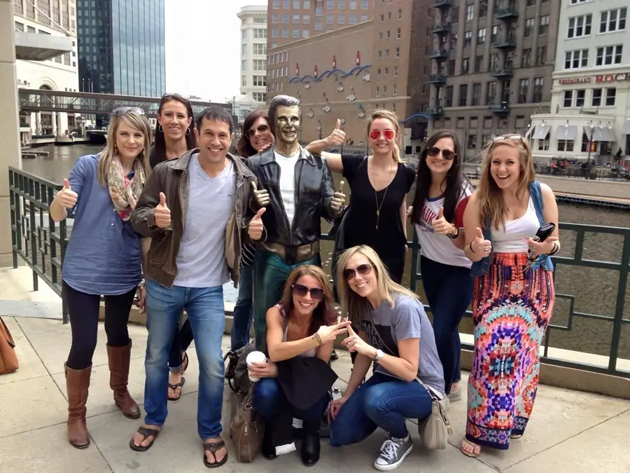 Picture of tour group with the famous Bronz fonz in Milwaukee WI