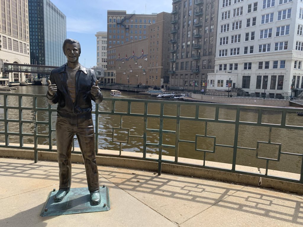 Image of Bronz Fonz along the Milwaukee River Walk