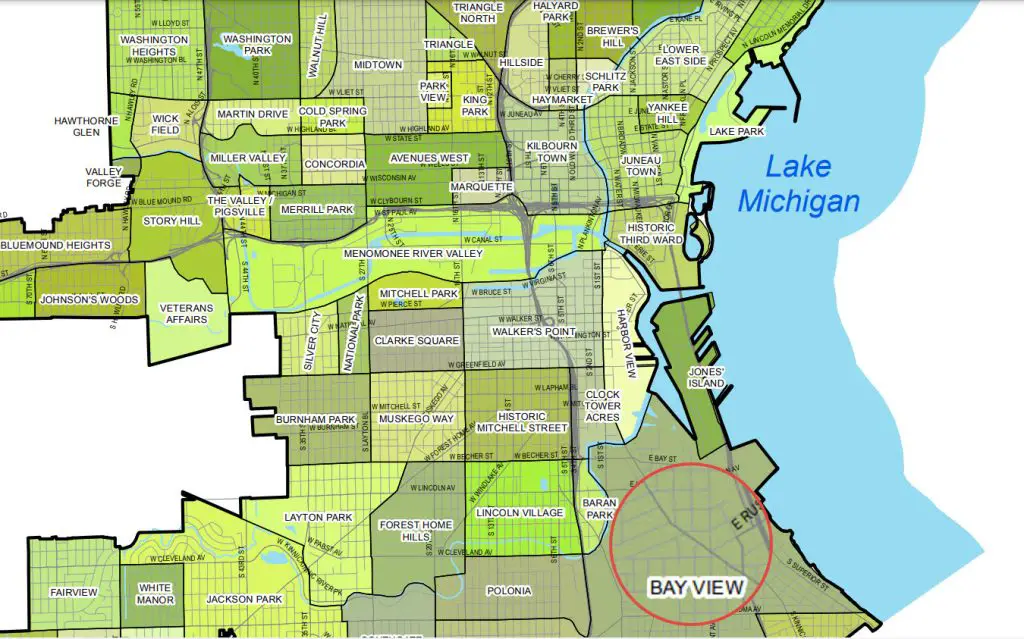 Neighborhood map of Milwaukee with Bay View magnified