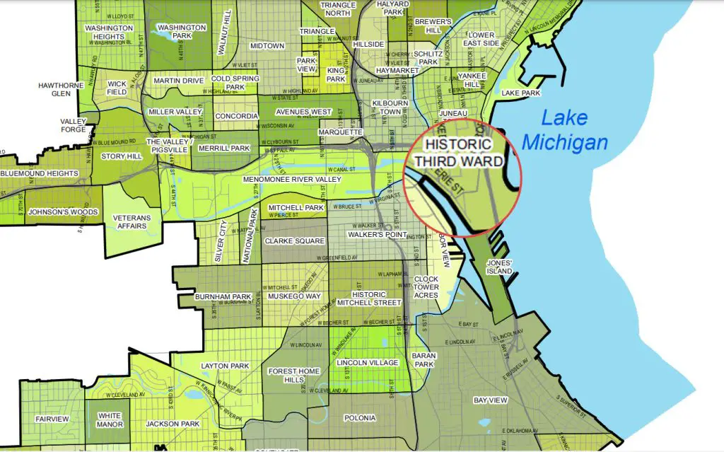 Neighborhood map of Milwaukee with Historic Third Ward magnified