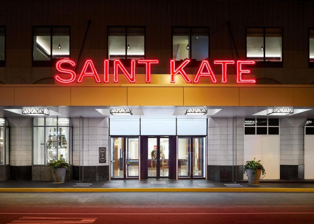Image of the red neon sign reading "saint Kate"