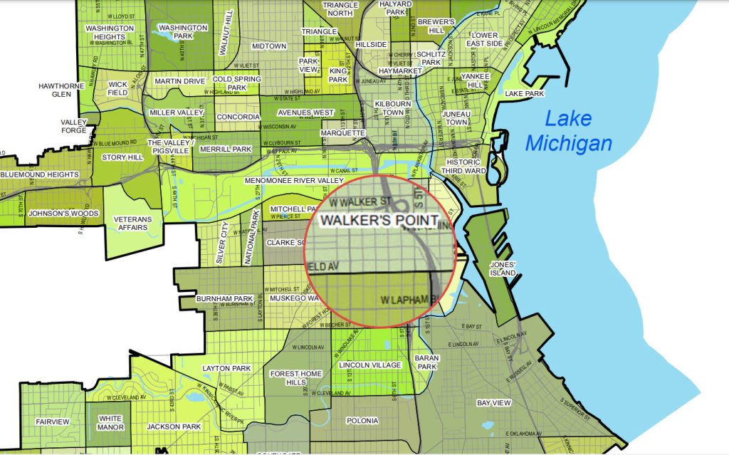 Neighborhood map of Milwaukee with Walkers Point magnified