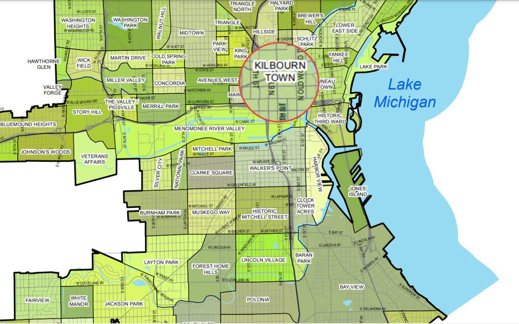 Neighborhood map of Milwaukee with West Town magnified