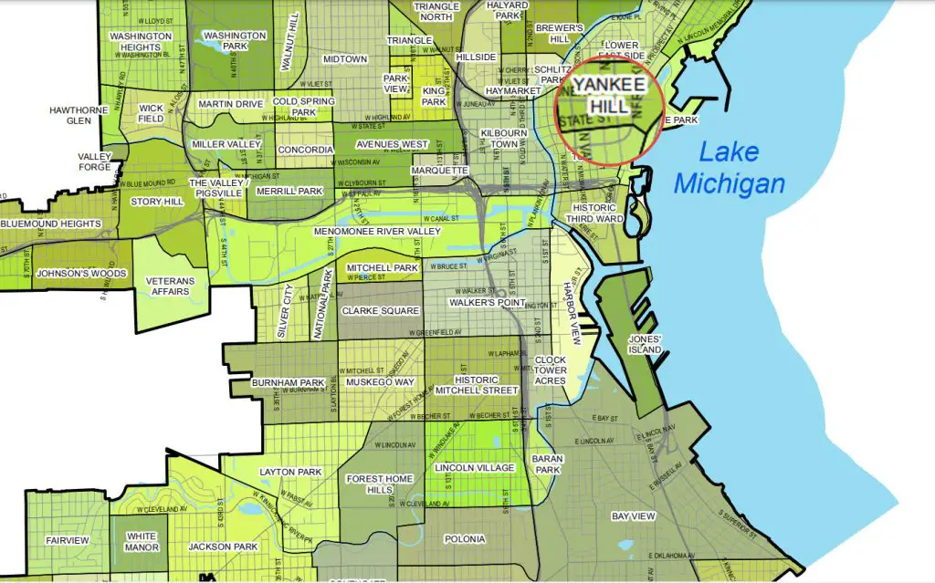 Neighborhood map of Milwaukee with Yankee Hill magnified