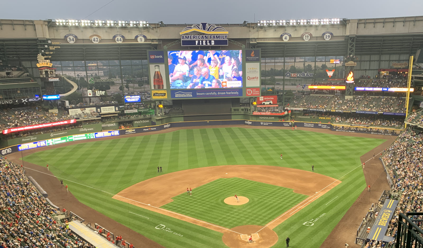 Image of the Milwaukee Brewers Stadium from inside on the top deck looking down on the field