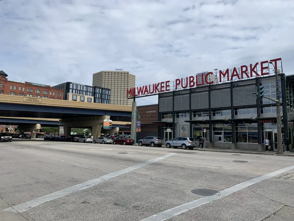 Image of outside of Milwaukee Public Market with a red sign