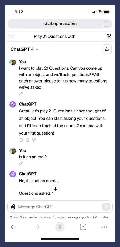 Phone screen shot of playing 21 Questions using ChatGPT