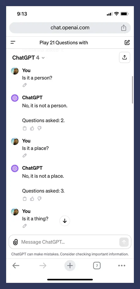 Phone screen shot of playing 21 Questions using ChatGPT