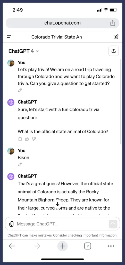 Phone screenshot of playing trivia with ChatGPT